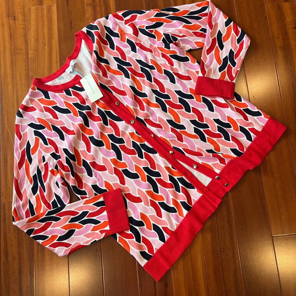 Charter Club Cardigan Sweater Pink Red Geometric Print Button Front Knit Size XL